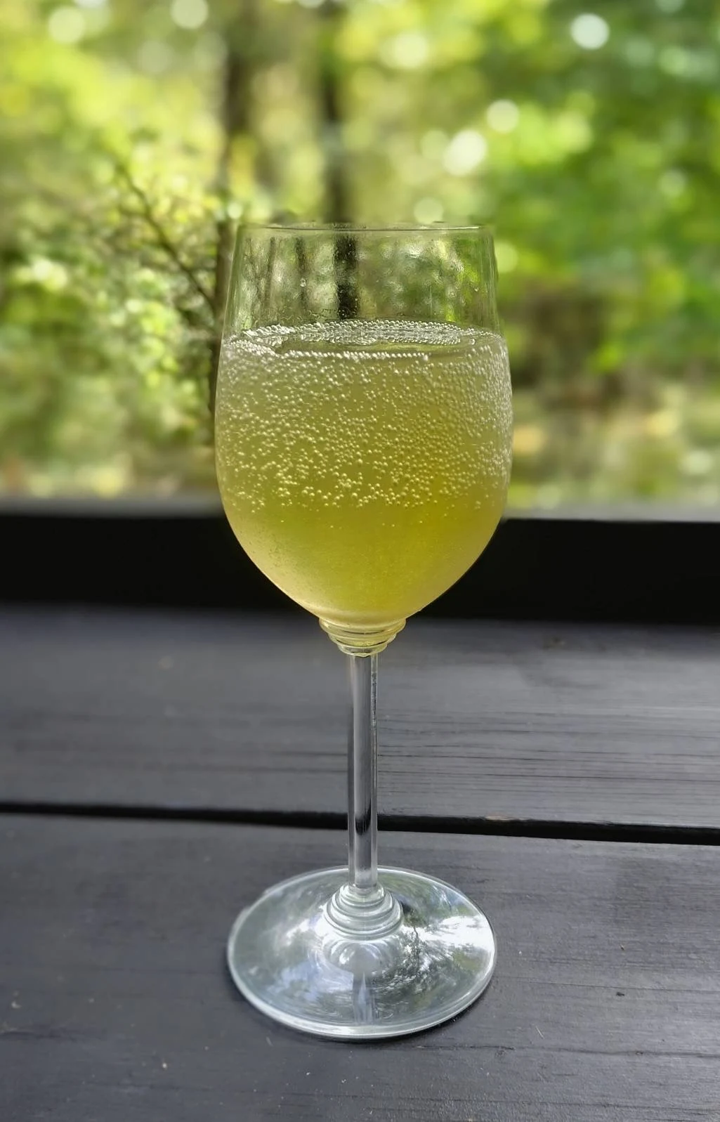 木のテーブルに置いた、グラスのホップティーの炭酸割り。細かな泡が立ち、背景には緑の木立が広がっている